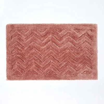 Image of HOMESCAPES Super Absorbent Soft ‘Sandwood’ Blush Pink Bathmat with Plush Chevron Geometric Pattern and Non Slip Latex Backing, 50 x 80 cm Large Shower Mat Machine Washable