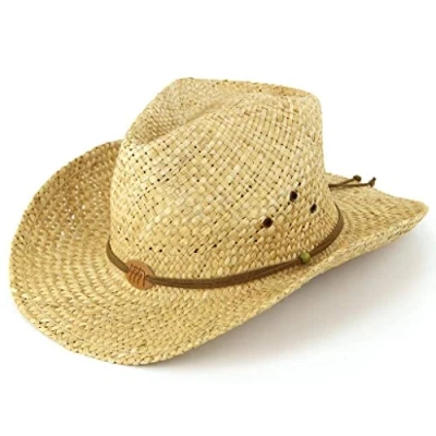 Image of HAWKINS Straw Cowboy Hat with Leather Band and Three Horses Badge Natural