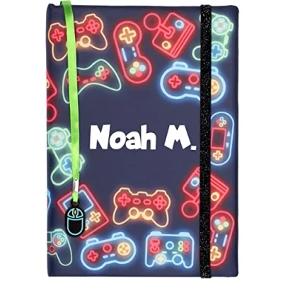 Image of Fringoo Neon Gamer Notebook Personalised Kids Stationary 96 Page Journal with Matching Bookmark Great Gifts for Boys