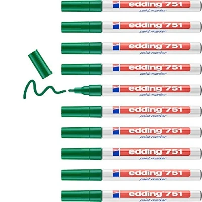 Image of edding 751 paint marker green 10 pens round tip 1 2 mm for marking and labelling metal, glass, rocks or plastic heat resistant, permanent, smudge proof waterproof