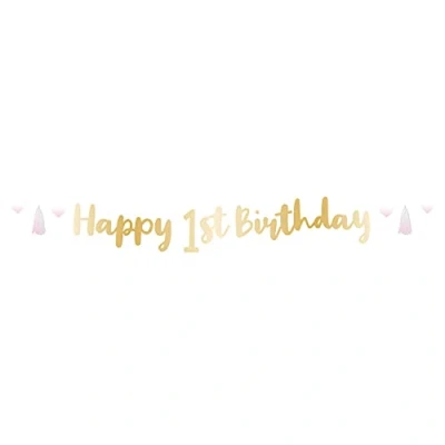 Image of Amscan 9910312 Baby Pink and Gold Happy 1st Birthday Foil Letter Banner Party Decoration 1.8m