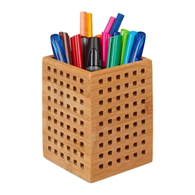 Image of Relaxdays Bamboo Holder, Wooden Utensil Box for Pens and Scissors, Country Style, Wood, Natural, HWD 11 x 9 cm