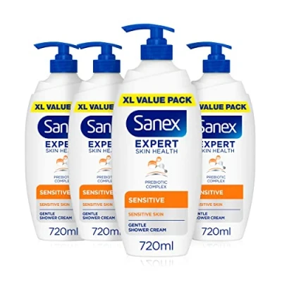 Image of Sanex Body Wash, Expert Skin Health , Sensitive Shower Cream, Dermatologist Tested Gentle for Skin, Multipack, 4 Pack, 720ml Bottles