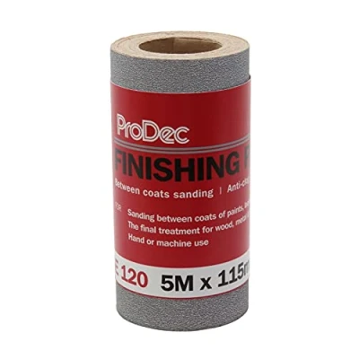 Image of ProDec PAFP120V 120 Grit Coarse Grade Finishing Paper for Sanding Between Coats of Paint or Varnish 5m x 115mm Abrasive Roll, Grey