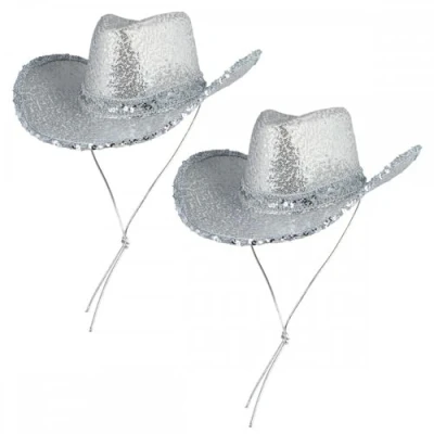 Image of 2 x Adult Ladies Silver Sequin Texan Cowboy Hats : Wild West Cowgirl Hen Night Fancy Dress Accessory