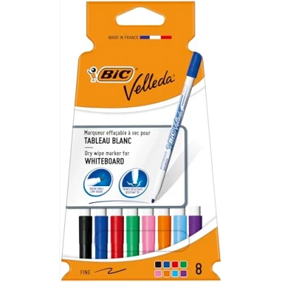 Image of Bic Velleda 1721, Whiteboard Marker Bullet Tip, 1.5mm Line, Assorted Colours, Pack of 8
