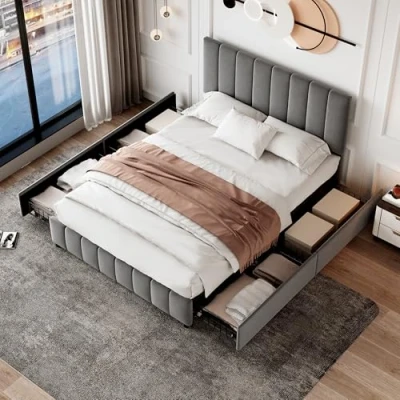 Image of ModernLuxe Double Bed Frame, 4FT6 Upholstered with Storage Drawers 4, Wooden Frame Adjustable Channel Tufted Headboard, Sturdy Metal Wood Support, Velvet Grey, 135x190cm