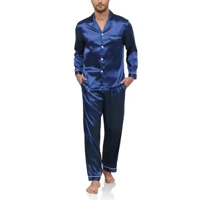 Image of Reliwel Men&#039;s Long Satin Pyjama Set Two Piece Sleeve Button Placket Leisure Suit and Bottoms Silk Pyjamas Sleepwear Loungewear, navy blue, L