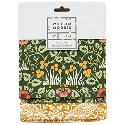 Image of William Morris At Home Useful &amp; Beautiful 100% Cotton Luxury Set of 2 Kitchen Tea Towels 65 x 44.5cm, Pink Yellow Flower on Deep Green Ground and Cream Design Gold Background,FG6847