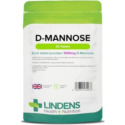 Image of Lindens D Mannose 1000mg 30 Tablets UK Made Provides Per Tablet Contributes to Urinary Health Substitute for Cranberry GMP Letterbox Friendly, Vegan