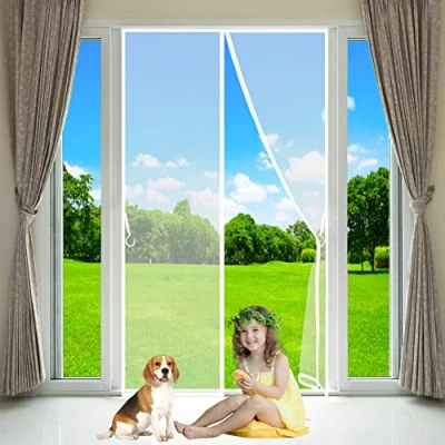 Image of Magnetic Door Screen, 180x220cm, Polyester Curtain Magic Paste Curtains Super Quiet Stripes Encryption Fly Screens for Doors Anti Mosquito Pest Soft Door, White, Customizable