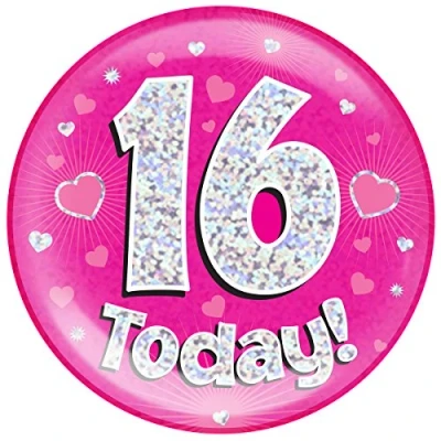 Image of OAKTREE UK 633179 6&quot; Jumbo Badge 16 Today Pink Holographic Dot