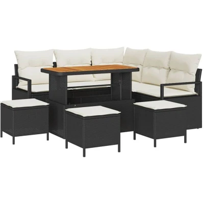 Image of vidaXL 9 Piece Garden Sofa Set with Cushions Black Poly Rattan Acacia