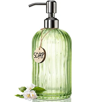 Image of JASAI 18 Oz Vertical Striped Green Soap Dispenser with 304 Rust Proof Stainless Steel Pump, Refillable Lotion for Bathroom, Kitchen, Hand Soap, Dish (Clear Green)