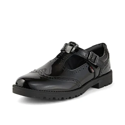 Image of Kickers Lachly Brogue T Bar Patent Leather School Shoes, Black, 12.5 UK Girl
