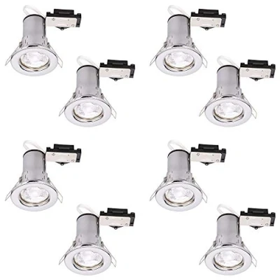Image of LITECRAFT Recessed Downlight Fire Rated Fixed Spotlight with LED Bulbs in Polished Chrome 8 Pack