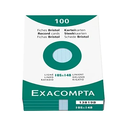 Image of Exacompta Ref 13819B Bristol Lined Record Cards (Pack of 100) A6 in Size, 205gsm Card, Compatible with Printers Suitable for Exam Revision &amp; Notes Blue