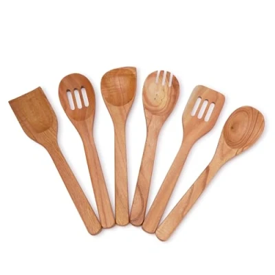 Image of Ajuny Wooden Spoons for Cooking 6 Piece, Non Stick Wood Spatula Spoon Utensils Set, Durable &amp; Serving Tools, Flat Handle Housewarming Gifts Everyday Use
