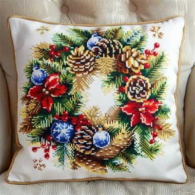 Image of Lfynior Cross Stitch Pillow Kit Christmas Tapestry Cushion 45X45cm Needlepoint Craft Set pre Printed Handmade Cover Stitched Decorative for Adults Beginners