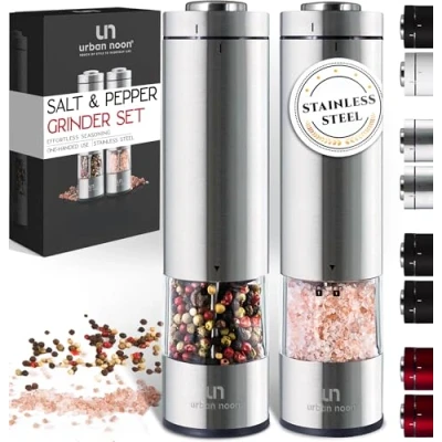 Image of Electric Salt and Pepper Grinder Set Battery Operated Stainless Steel Mill with Light (Pack of 2 Mills) Automatic One Handed Operation Electronic Adjustable Shakers Ceramic Grinders
