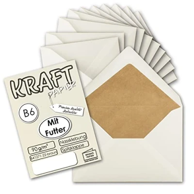 Image of 25x lined vintage envelopes DIN B6 125 x 176 mm natural white 90 g m² silk lining brown recycling wet glue pointed flap UmWelt by GUSTAV NEUSER