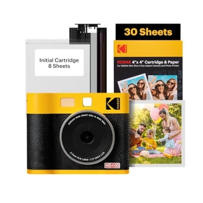 Image of KODAK Mini Shot 4 ERA 4PASS 2 in 1 Instant Camera and Photo Printer Bundle (4x4 inches) Initial 10 Sheets + 60 Sheet Pack, Yellow