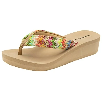 Image of DUNLOP Ladies Raffia Toe Post Wedge Flip Flop Sandals (6 UK, Beige Multi)