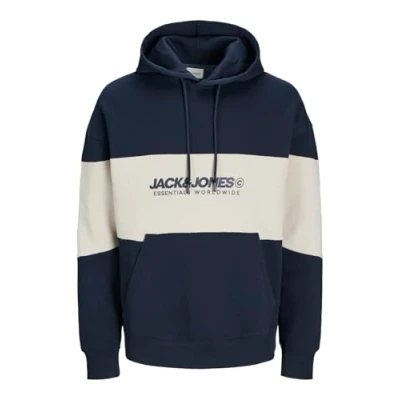 Image of JACK&amp;JONES Men&#039;s JJELEGACY Blocking Sweat Hood NOOS Sweatshirt, Navy Blazer/Detail:Blocking, XS