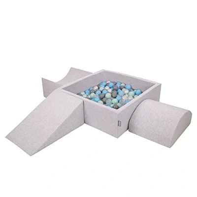 Image of KiddyMoon Foam Playground For Kids With Square Ballpit (200 Balls ∅ 7Cm/2.75In) Soft Obstacles Course And Ball Pool, Made In The EU, Lightgrey:Pearl/Grey/Transparent/Babyblue/Mint