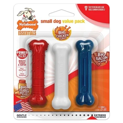Image of Nylabone Power Chew Small Dog Toys Value Pack Peanut Butter, Bacon, &amp; Chicken X Small/Petite for dogs up to 7kg. (3 Count)