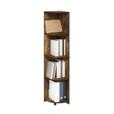 Image of Furinno Econ 4 Tier Corner Shelf Bookcase, Bookshelf, Amber Pine