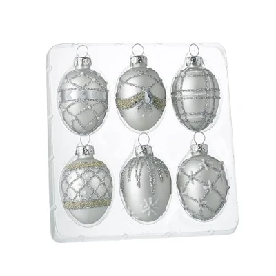 Image of Heaven Sends Glass Egg Bauble Set Silver of 6 Assorted Designs