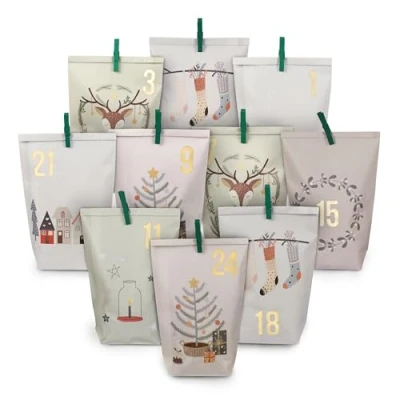 Image of Extravagant Advent Calendar for Filling with 24 Turquoise Gift Bags and Number Stickers Clips, Mermaid Motif Crafts Giving Christmas
