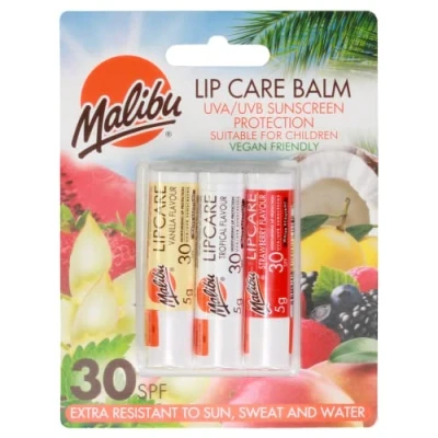 Image of Malibu Sun SPF 30 Lip Balm Sunscreen, Vanilla, Tropical, Strawberry 3 x 5g