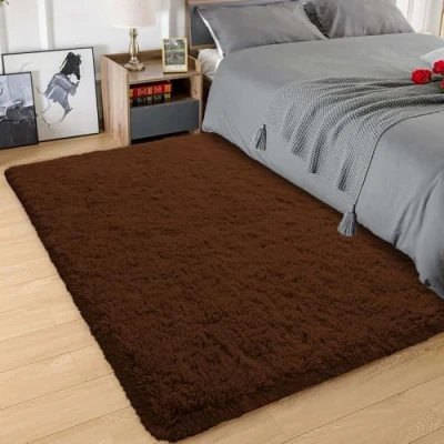 Image of Hafaa Fluffy Rugs Living Room Brown Area for Bedroom 80cm x 150cm Anti Slip Modern Shaggy Rug Plush Carpet Non Shedding Easy To Clean