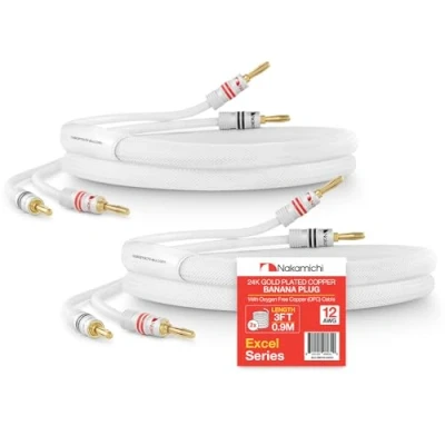 Image of Nakamichi Excel Series 24k Gold Plated Banana Plug with (3 Feet) Speaker Cable Wire 99.9% Oxygen Free Copper (OFC) Heavy Duty Braided In Wall CL2 Rated White (12AWG / 3ft 0.9m) 2 Pack