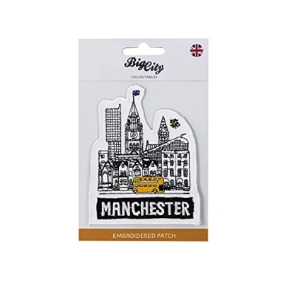 Image of British UK Union Jack Sew On Iron Fabric Patch Embroidered Badge (Manchester Cityscape)