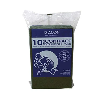 Image of Ramon Hygiene Pack of 10 Contract Grade Flat Pan Scouring Pad, 23x15cm, Green, Abrasive Cleaning For Commercial Or Domestic Use