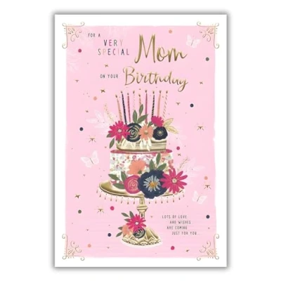 Image of Mom Birthday Card Very Special Floral Cake Design Finishes and Illustrated Insert Leaf Made in the UK Eco Friendly