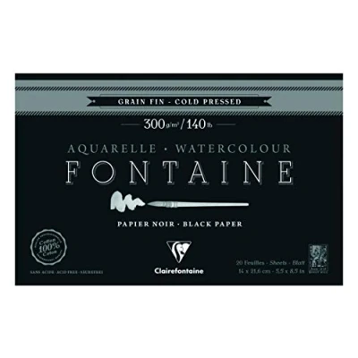 Image of Clairefontaine Ref 975301C Fontaine Cold Pressed Black Watercolour Pad (20 Sheets) 14 x 21.6cm Size, 300gsm Paper Suitable for Artwork