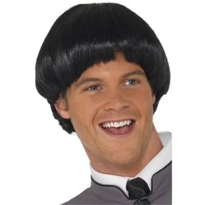 Image of Smiffys Swinging &#039;60s Bowl Wig, Black , 1960&#039;s Groovy Fancy Dress, 1960s Dress Up Wigs