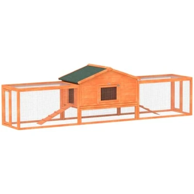 Image of PawHut Rabbit Hutch Run, Guinea Pig Wooden Bunny House with Tray, Ramps, Asphalt Roof, for Garden, Yard, 309 x 70 87cm, Orange