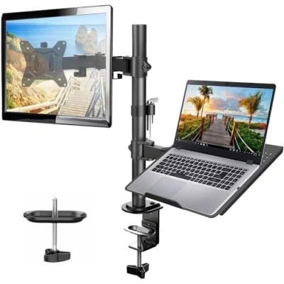 Image of HUANUO Monitor Arm with Laptop Tray for 13 to 32 Inch Screen &amp; 17 Notebook, and Stand, Desk Mount Fits VESA 75 / 100