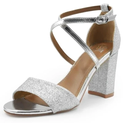 Image of Womens High Block Heels Glitter Shoe Ankle Crossover Strap Ladies Comfort Support Sparkly Wedding Bridal Prom Graduation Shoes Evening Party Occasion Heeled Open Toe Strappy Dress Wide Fit Sandals