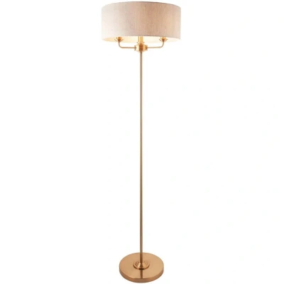 Image of Highclere Floor Lamp with Shade Vintage Brass, Natural Linen, 3x E14