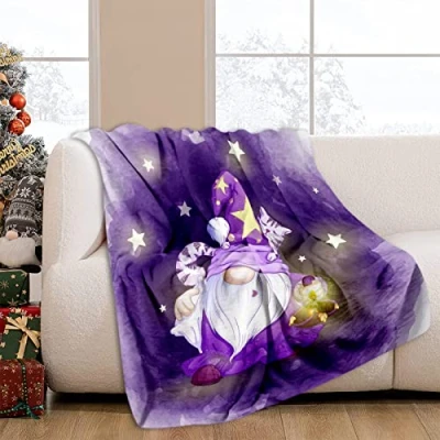 Image of JOOCAR Flannel Throw Blanket Cartoon Sleepy Gnome Purple Cozy&amp;Soft Plush Blankets for Bed Couch Living Room Sofa Chair, 60x80 Inch