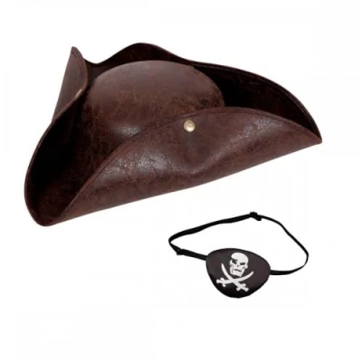 Image of Deluxe Pirate Hat Brown Distressed Faux Leather + Satin Skull &amp; Crossbones Black Eyepatch : Adult Mens Womens Tricorn Fancy Dress Costume Accessory Set
