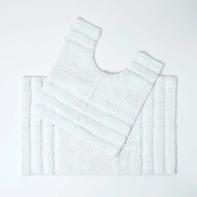 Image of HOMESCAPES Spa Supreme Luxury Bath Mat &amp; Pedestal Set, White, Very Heavy 1800 GSM, Super Soft Plush Cotton Rug, 50x80cm, 50x55cm, Washable at Home
