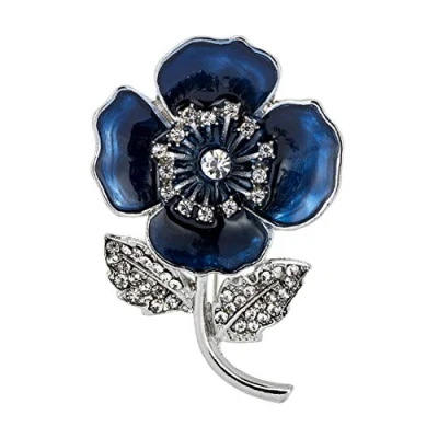 Image of Poppy Brooch Diamante Crystal Flower Banquet Blue Lapel Pin Badges with Leaves Remembrance Day Gift 2020