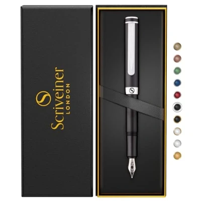 Image of Scriveiner Luxury EDC Fountain Pen (Medium), Stunning Matt Black Pocket Pen, Chrome Finish, Schmidt 18K Gilded Nib, Converter, Best Writing Gift Set for Men &amp; Women, Nice Fancy Office Designer